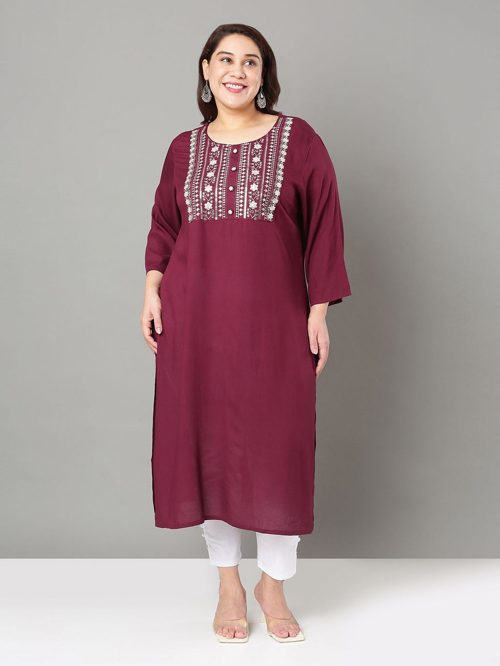 Sztori Plus Size Floral Yoke Design Mirror Work Straight Kurta