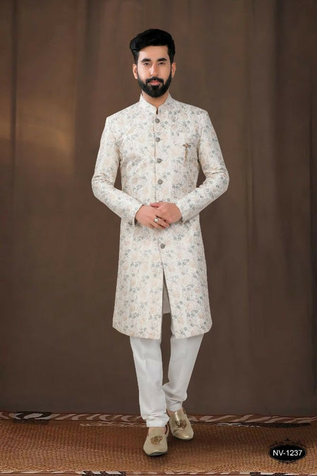 Joban Fashion Men's Off-White Base Silk Kurta with Pyjama