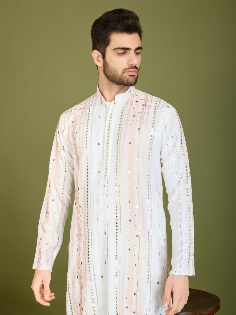Vastranavya White Exclusive Festival Wear Pure Viscose Rayon Sequence & Foil Mirror Heavy Embroidered Work Kurta