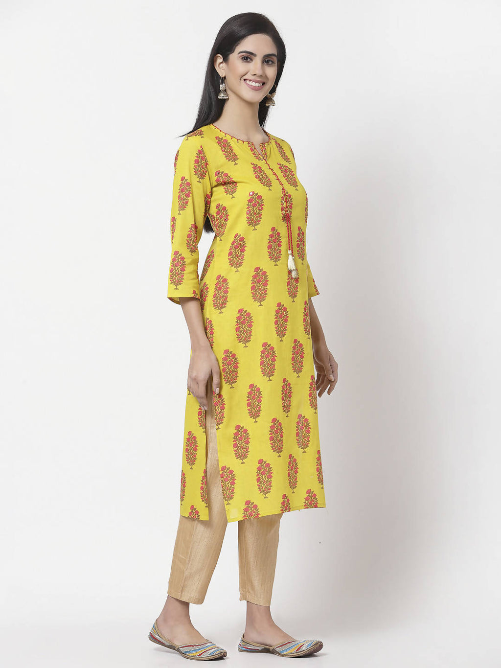 Myshka Women Yellow Pure Cotton Printed 3/4 Sleeve Round Neck Kurta