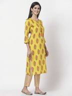 Myshka Women Yellow Pure Cotton Printed 3/4 Sleeve Round Neck Kurta