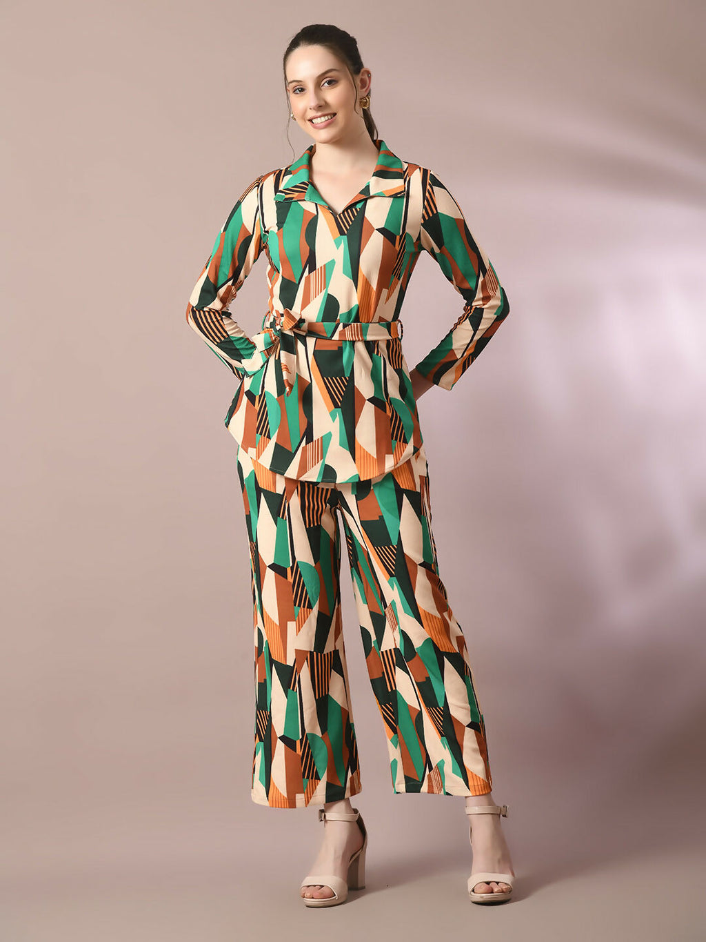 Myshka Women's Multi Printed Polo Collar Party Top With Trousers Co-ord set