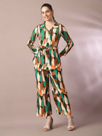 Myshka Women's Multi Printed Polo Collar Party Top With Trousers Co-ord set