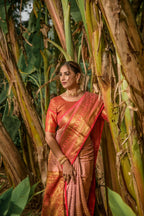 Jyoti Fashion Women's Peach Kanjivaram Silk Zari Woven Saree with Blouse