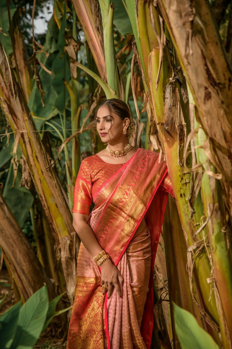 Jyoti Fashion Women's Peach Kanjivaram Silk Zari Woven Saree with Blouse