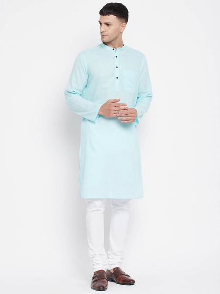 Even Apparels Pure Cotton Blue Color Men's Kurta With Band Collar