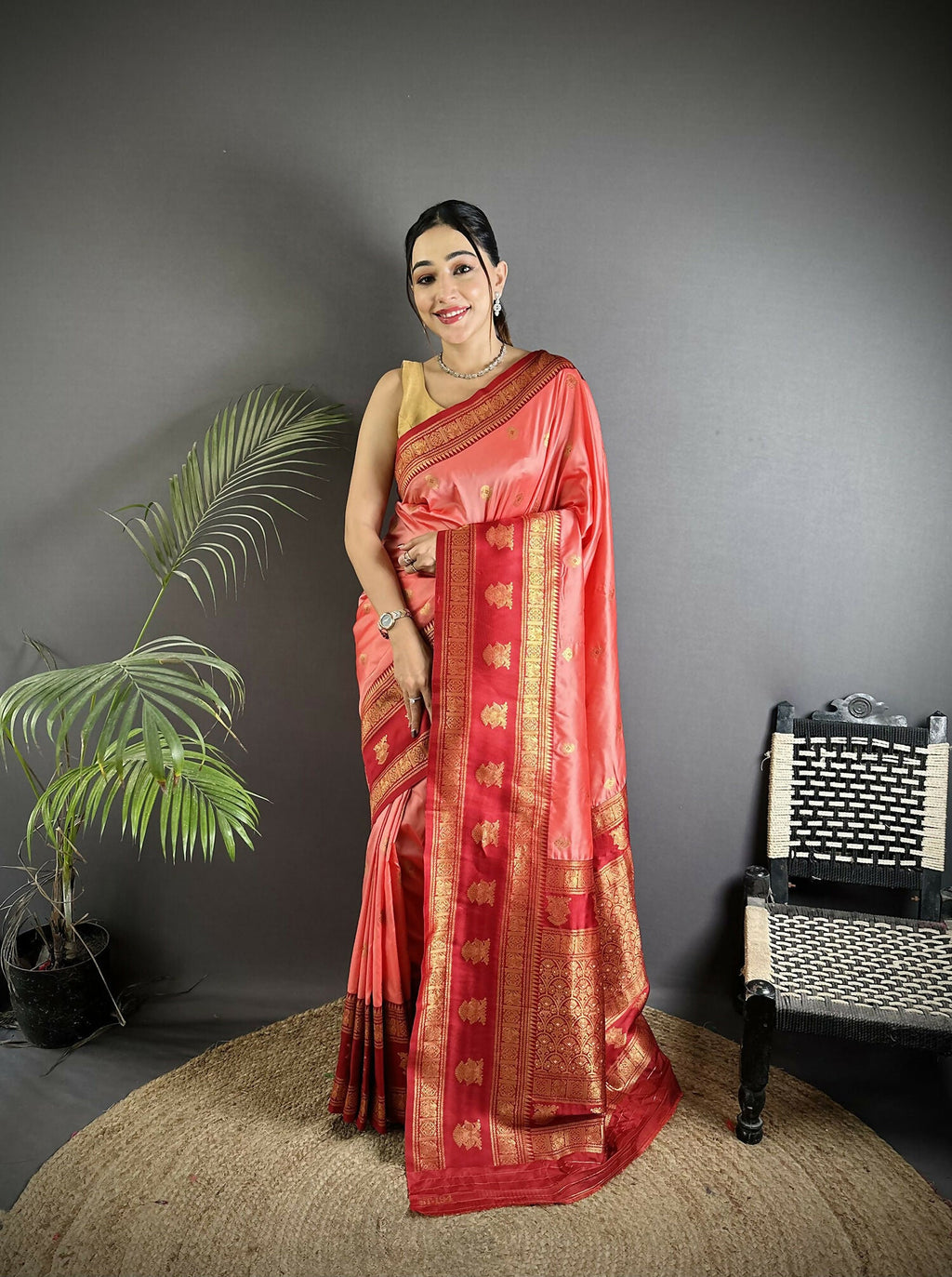 Joban Fashion Peach Banarasi Soft Silk Woven Butti Saree - Distacart