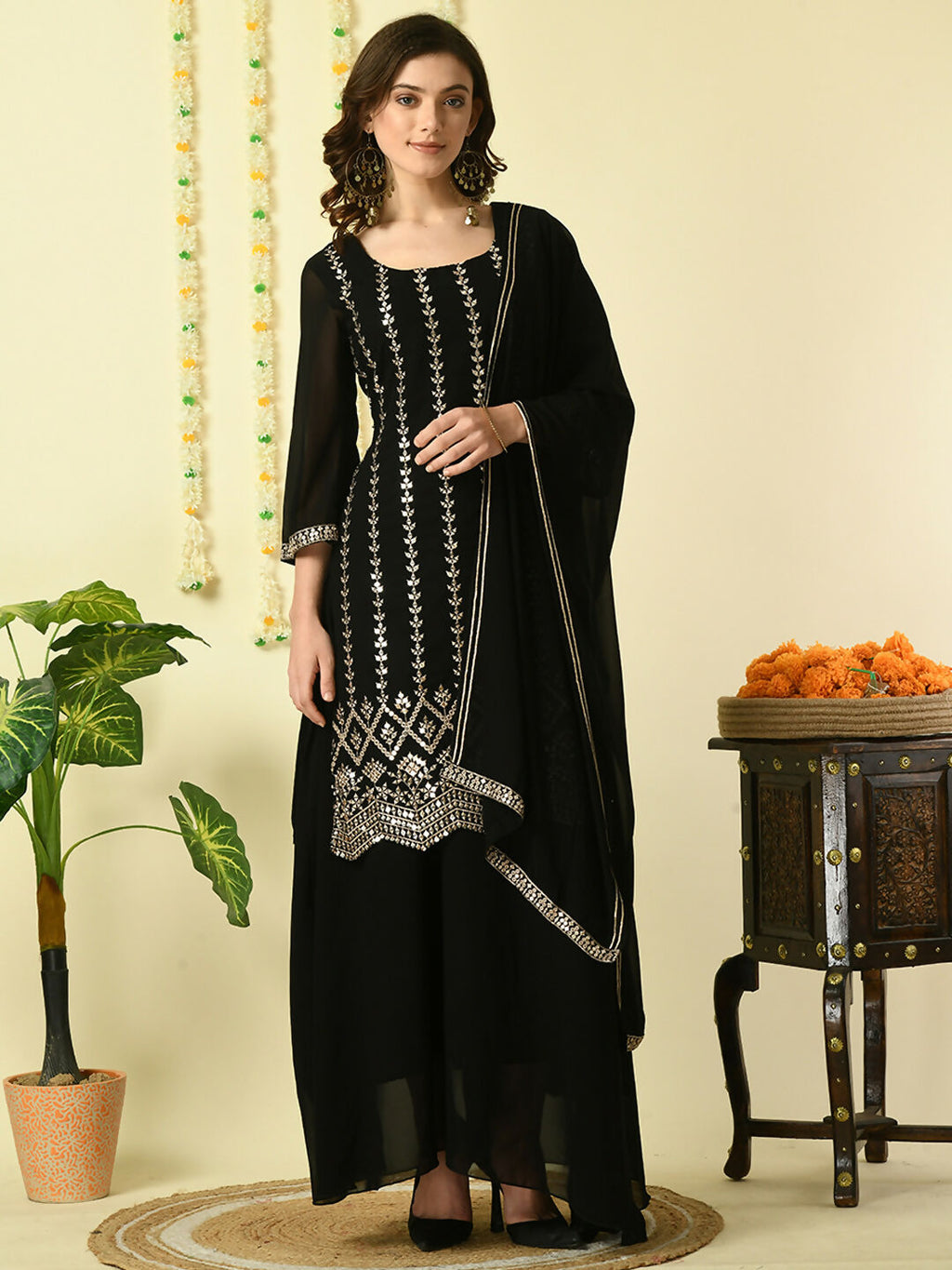 Myshka Women's Black Georgette Kurta & Skirt With Dupatta Party Sets