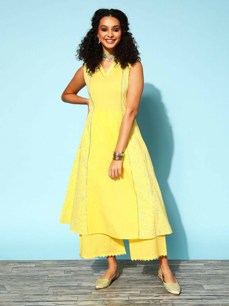 Ahalyaa Women Yellow Colour Cotton Printed Kurta Palazzo Set - Distacart