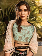 Myra Black and Sea Blue Heavy Embroidered Party Wear Lehenga