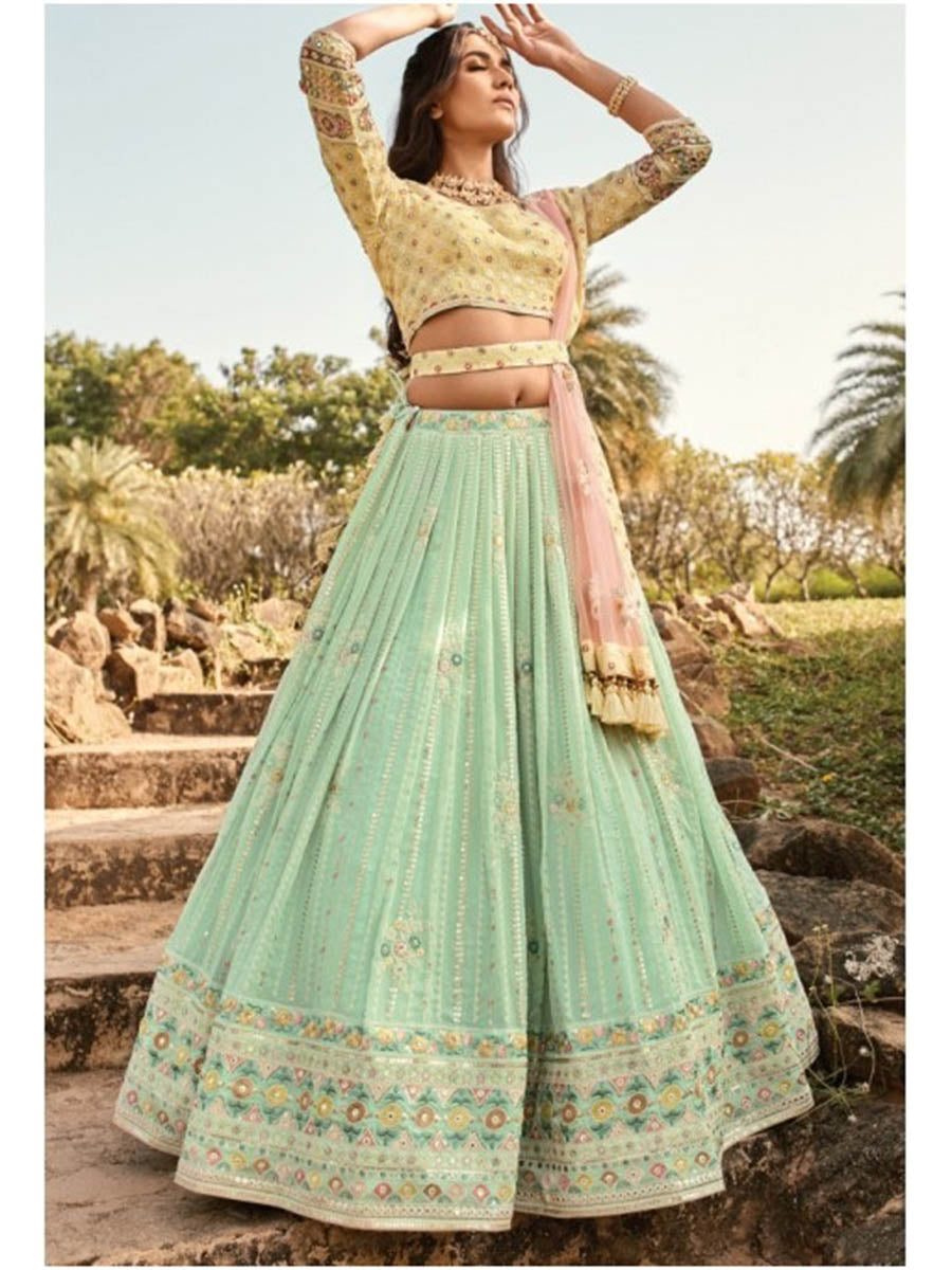 Myra Sea Blue and Lemon Yellow Heavy Embroidered Party Wear Lehenga
