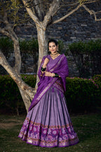 Vastranavya Floral Print With Foil Print Tussar Silk Lehenga With Unstitched Blouse - Purple