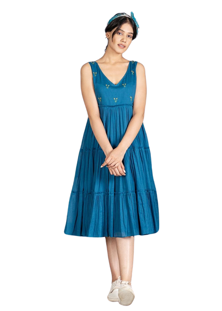 Pimu Midi Dress with Embroidered for Women - Teal Blue