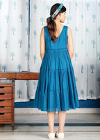 Pimu Midi Dress with Embroidered for Women - Teal Blue