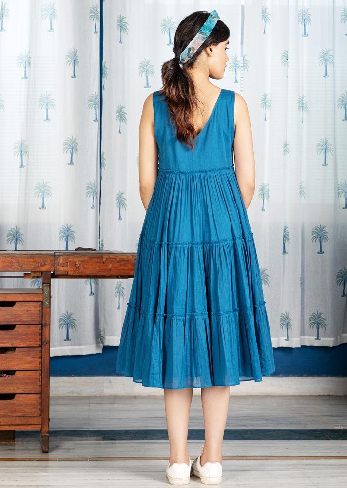 Pimu Midi Dress with Embroidered for Women - Teal Blue