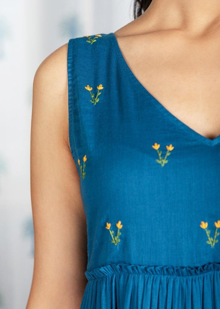 Pimu Midi Dress with Embroidered for Women - Teal Blue