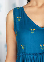 Pimu Midi Dress with Embroidered for Women - Teal Blue