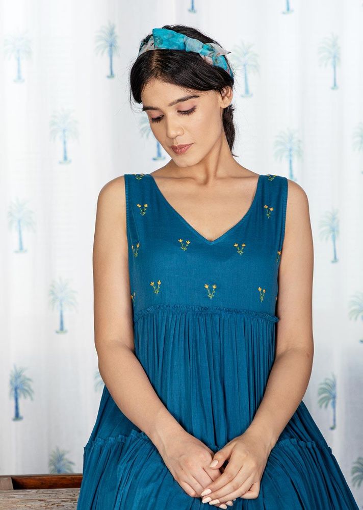 Pimu Midi Dress with Embroidered for Women - Teal Blue