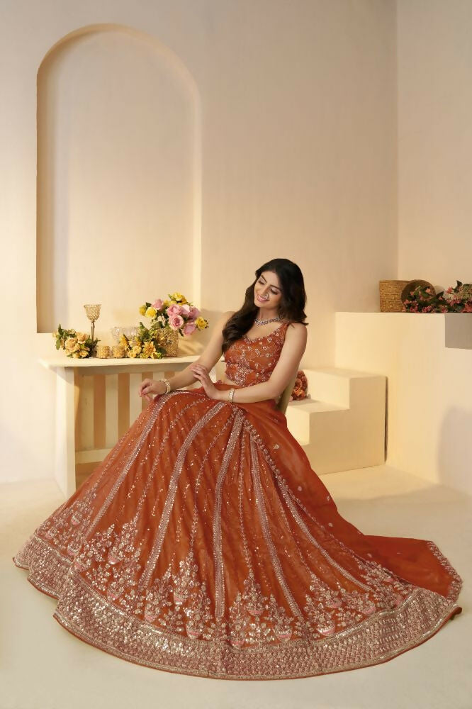 Kesar Fab Orange Jimmy Choo Hand_Woven Lehenga
