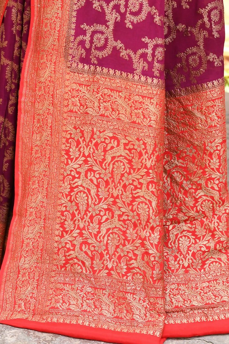 Joban Fashion Hot Pink Crepe Chiffon Pure Handloom Banarasi Silk Saree