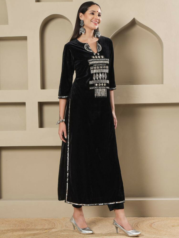 Joban Fashion Women Black Velvet Hand Embellishment Stitched Kurta Set - Distacart
