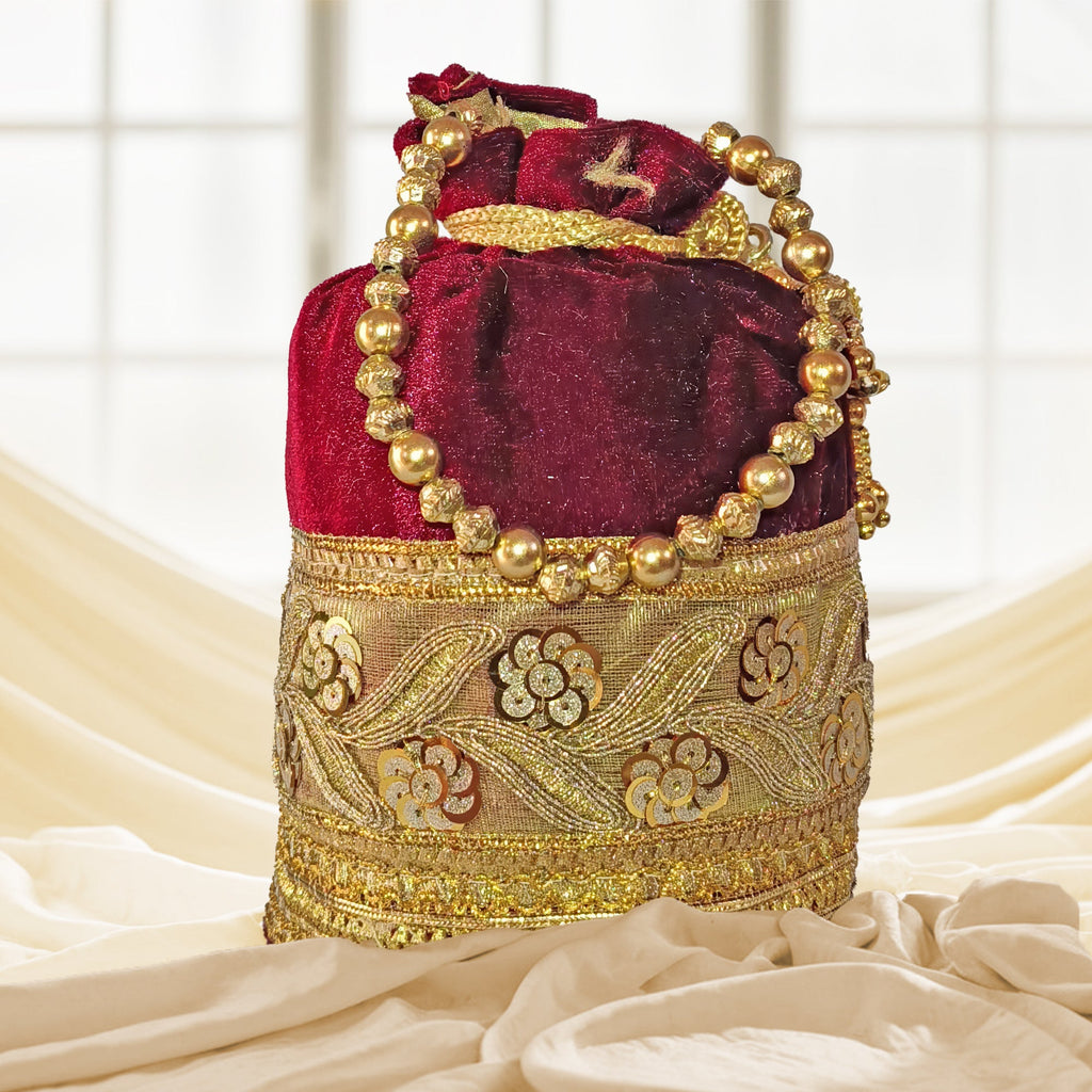 JS Fashion Silk Designer Potli Bag for Women with Golden Embroidery & Pearl Handle