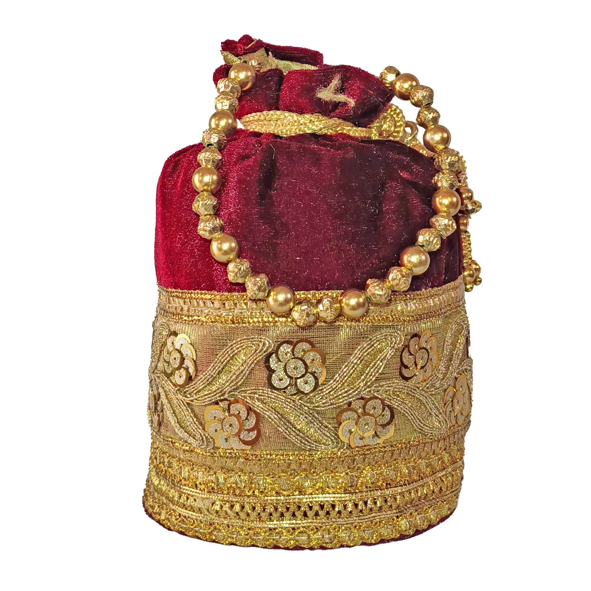 JS Fashion Silk Designer Potli Bag for Women with Golden Embroidery & Pearl Handle