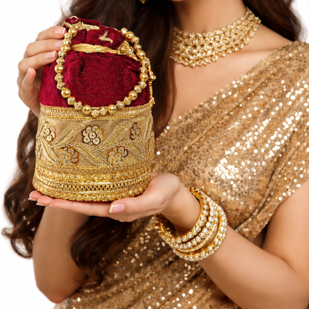 JS Fashion Silk Designer Potli Bag for Women with Golden Embroidery & Pearl Handle