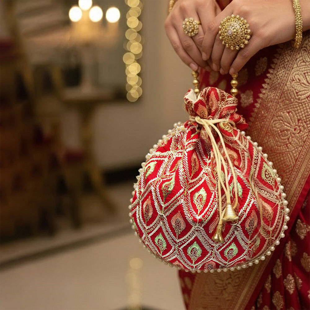 JS Fashion Embroidered Handcrafted Wedding Potli Bag with Beads