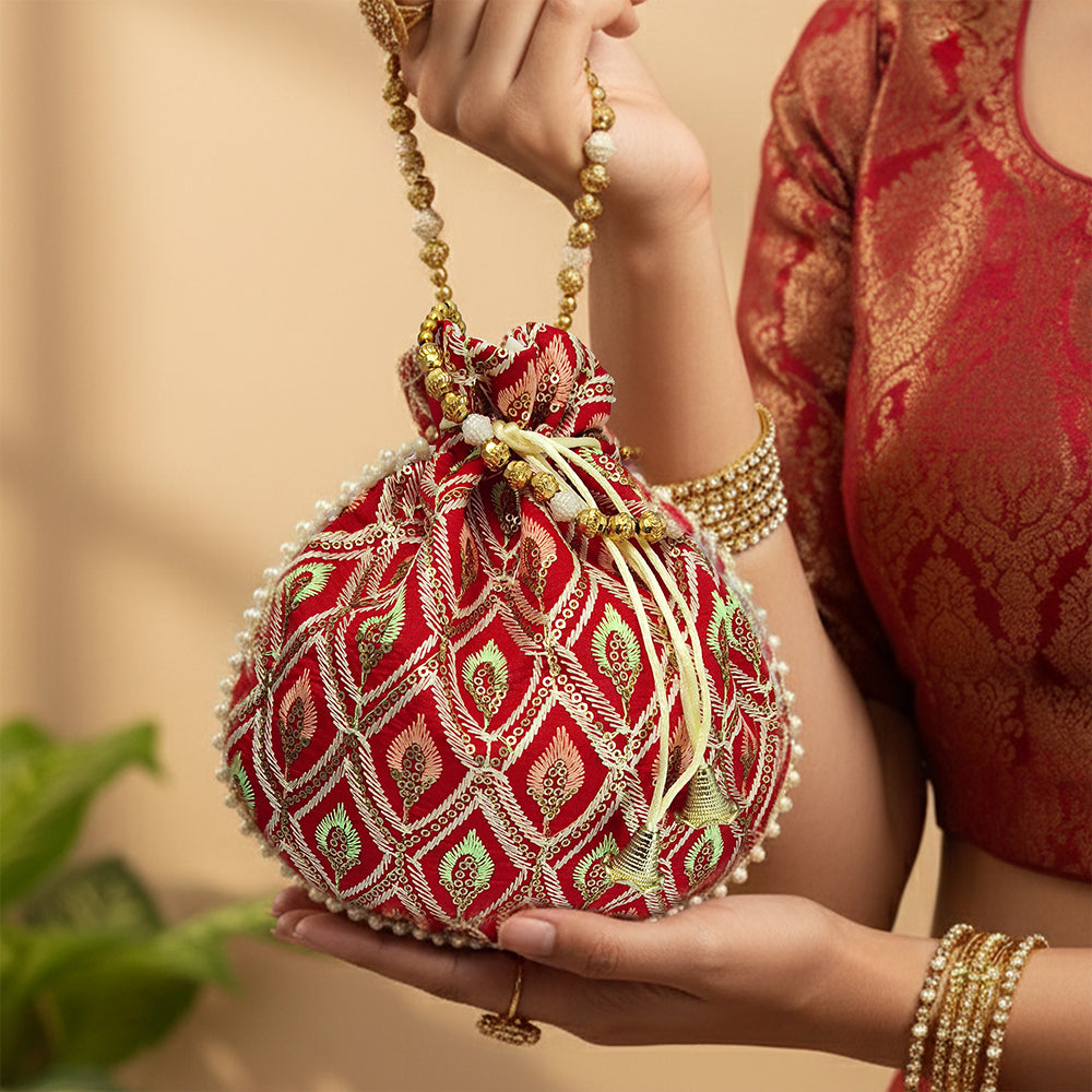 JS Fashion Embroidered Handcrafted Wedding Potli Bag with Beads