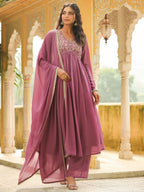 Janasya Lavender Georgette Yoke Embroidery Kurta,Bottom & Dupatta