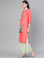 Yufta Women Pink Quirky Embroidered Straight Kurta