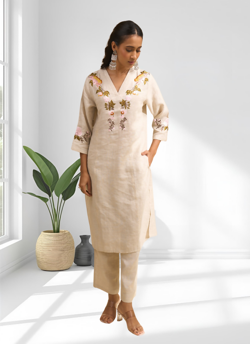 Joban Fashion Beige Linen Embroidered Readymade Long Kurta With Pant - Distacart