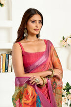 Joban Fashion  Onion Pink Floral Linen Ready To Wear Saree With Unstitched Blouse - Distacart