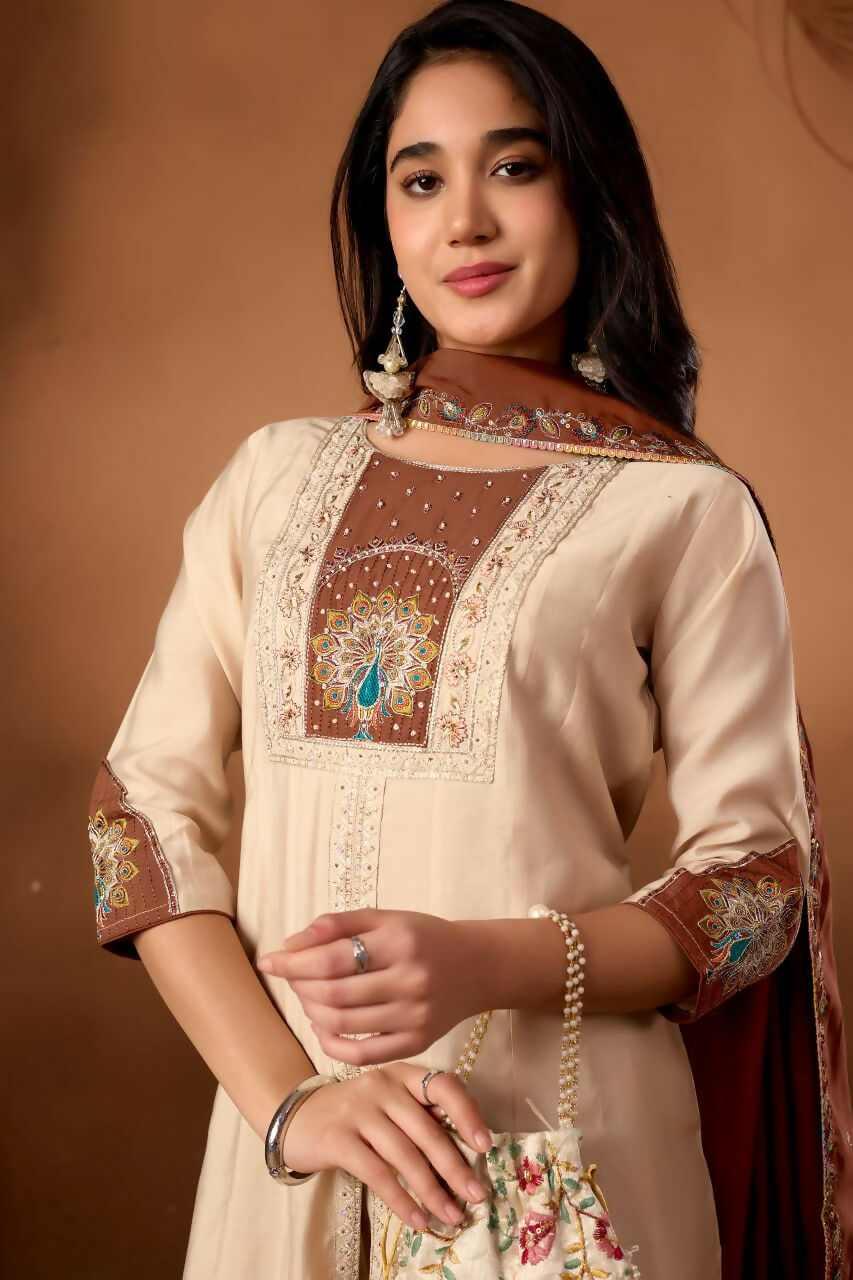 Lehenga Mart Designer Front-Slit Kurta, Paired With Wide-Leg Palazzo Pants And A Dupatta.-Cream - Distacart
