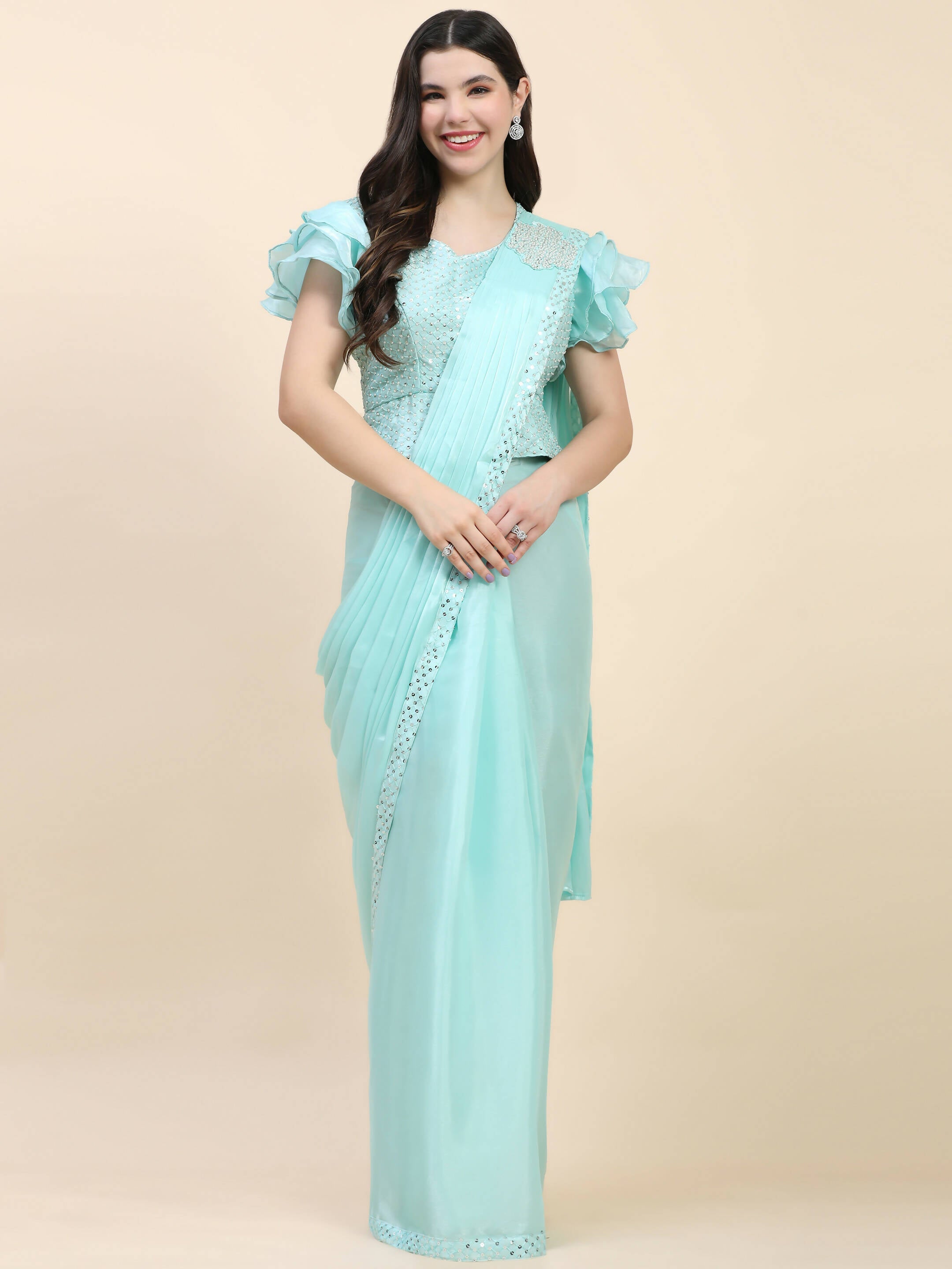 Light Blue Silk Satin Sequence Work Ready to Wear Saree with stitched Blouse - Nirvana