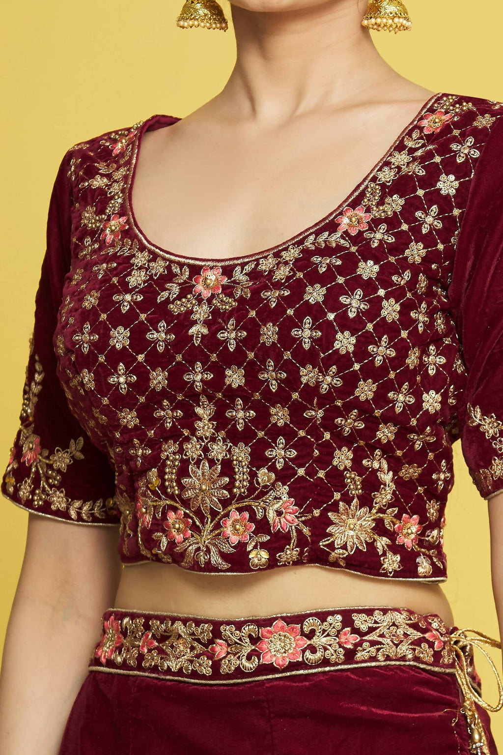 Maroon Velvet Semi-Stitched Wedding Bridal Lehenga - Nimaya