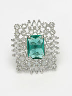 NVR Women's Green & Silver CZ-Studded Square-Shaped Adjustable Finger Ring