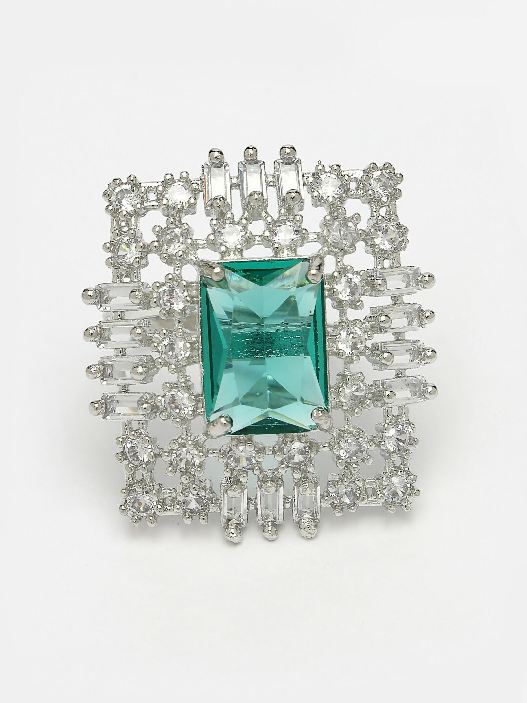 NVR Women's Green & Silver CZ-Studded Square-Shaped Adjustable Finger Ring