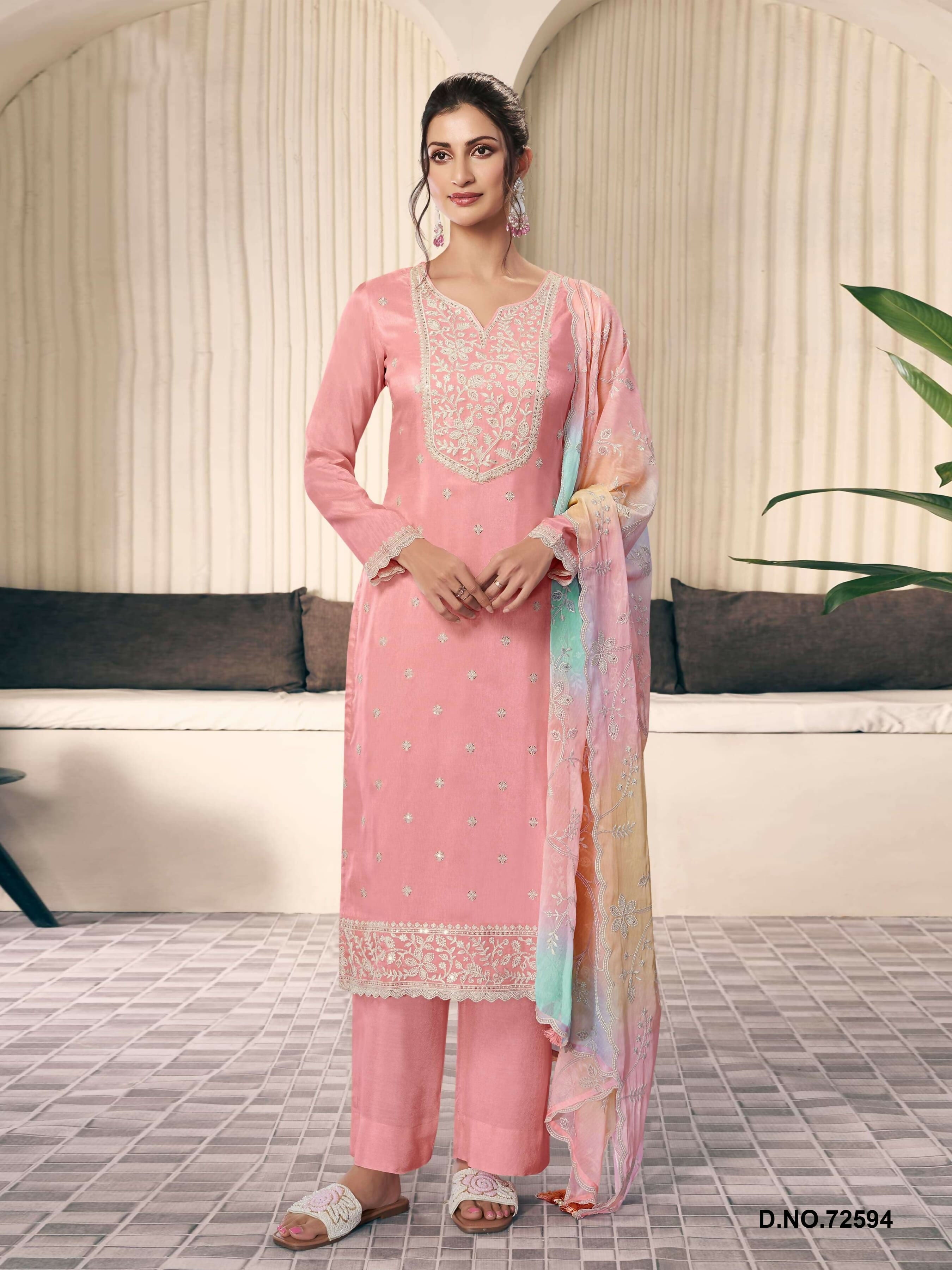 Anaita Peach Moonga Silk Stitched Suit with Embroidery Sequence Work - Distacart