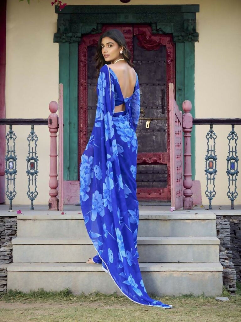 Vastranavya Blue Chiffon Floral Printed & Pearl Lace Border Saree with Unstitched Blouse