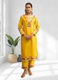 Joban Fashion Yellow Silk Embroidered Readymade Long Kurta With Pant - Distacart