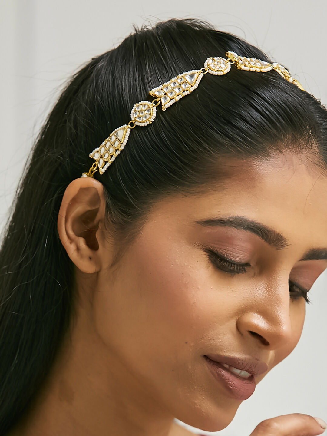 Nuyug 22K Gold-Plated Kundan & Pearls Studded Matha Patti with Regal Motifs Head Jewellery - Distacart