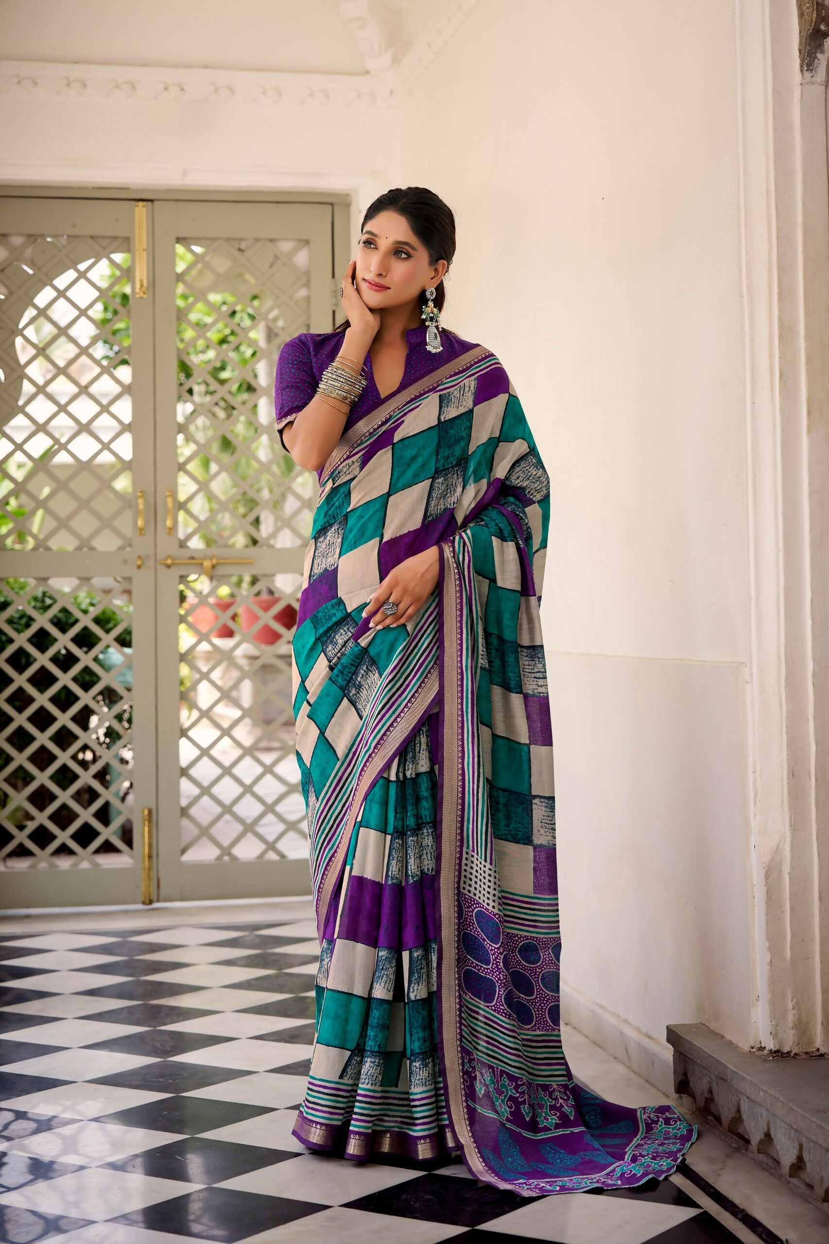 Vastranavya Purple Viscose Chanderi Printed with Temple Border Saree & Unstitched Blouse - Distacart