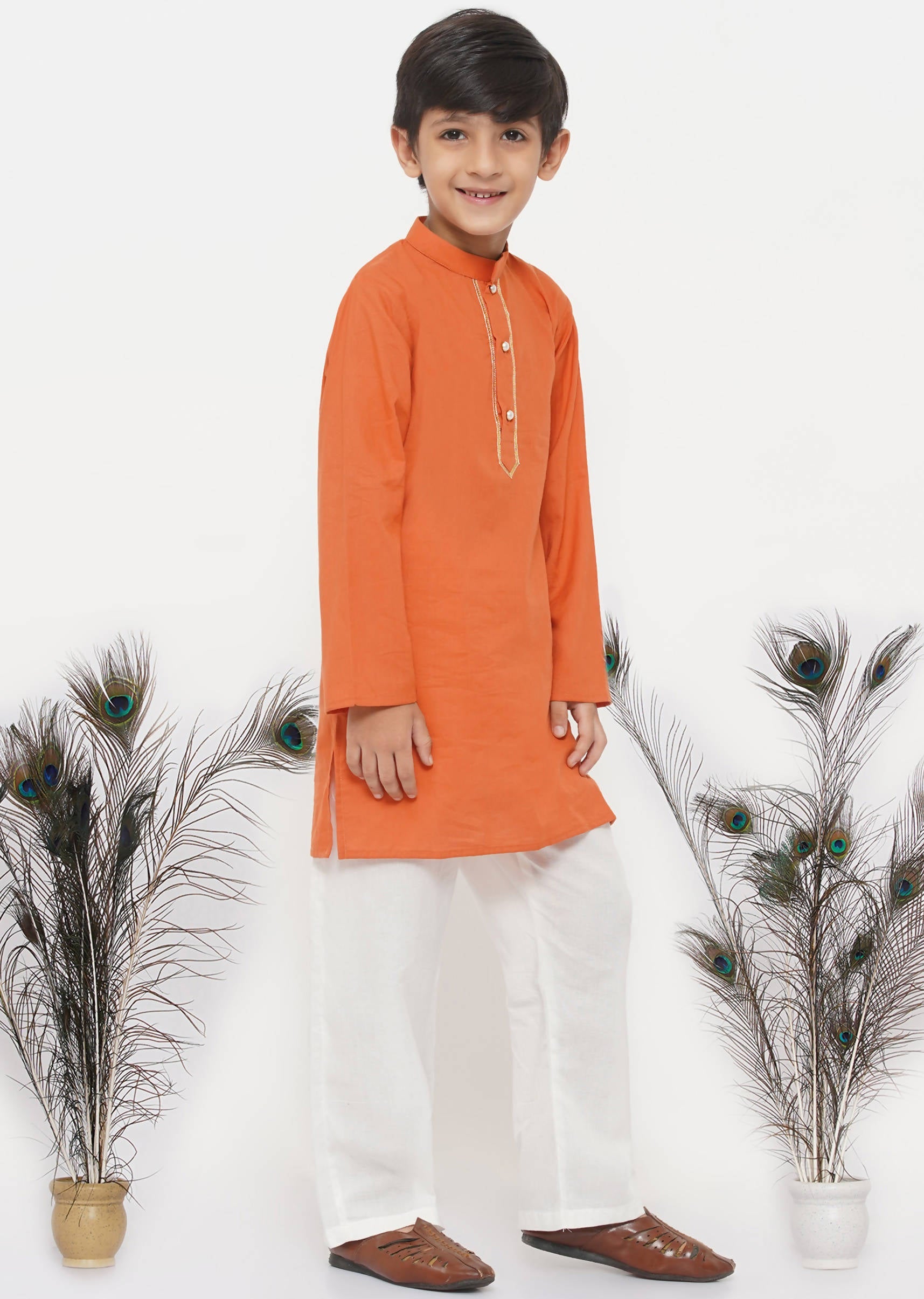 Little Bansi Boys Cotton Kesari Kurta with Pearl Buttons and Pyjama -Orange and Cream
