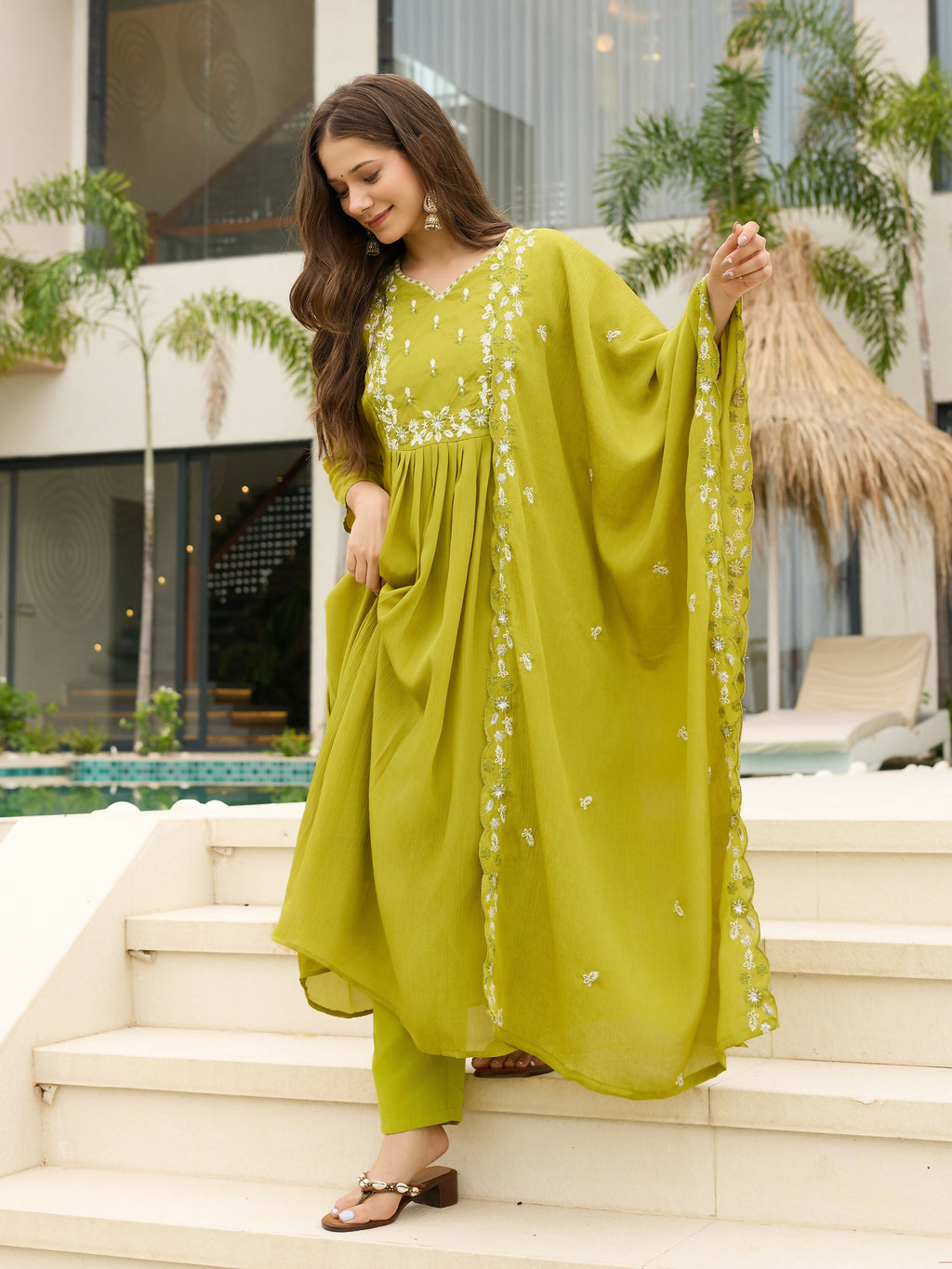 The52 Lemons Women's Gorgeous Chinon Embroidered Flared Kurta with Pant And Dupatta Set - Distacart