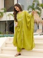 The52 Lemons Women's Gorgeous Chinon Embroidered Flared Kurta with Pant And Dupatta Set - Distacart