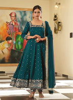 Teeya Creation Teal Color Pure Vichitra Silk Embroidery Work Party Wear Gown - Distacart