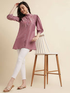 Dust Pink Chinon Yoke Embroidered A-line Top - Tarini