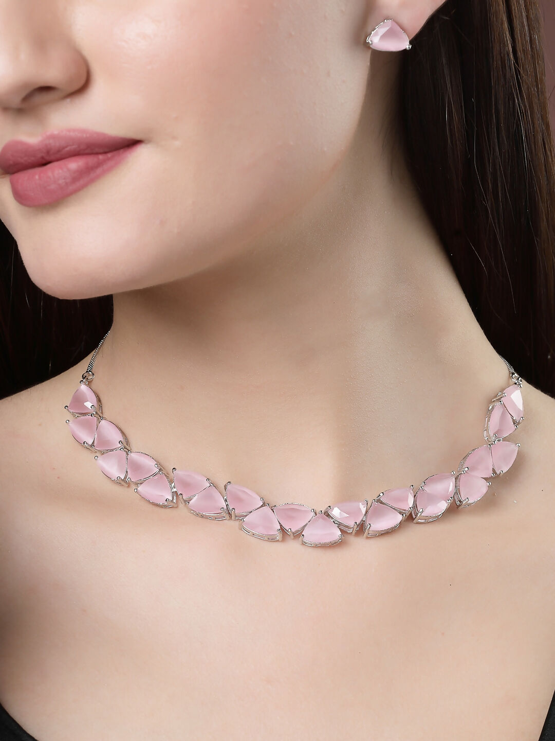 NVR Women's Pink Artificial Stones Studded Handcrafted Jewellery Set